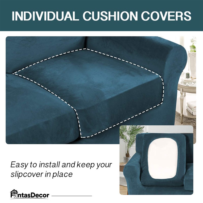 FantasDecor 2 Piece Chair Sofa Covers Velvet for Living Room Slipcovers with Individual Cushion Elastic Furniture Protector for Pets, Machine Washable (Armchair, Deep Teal) - Image 4